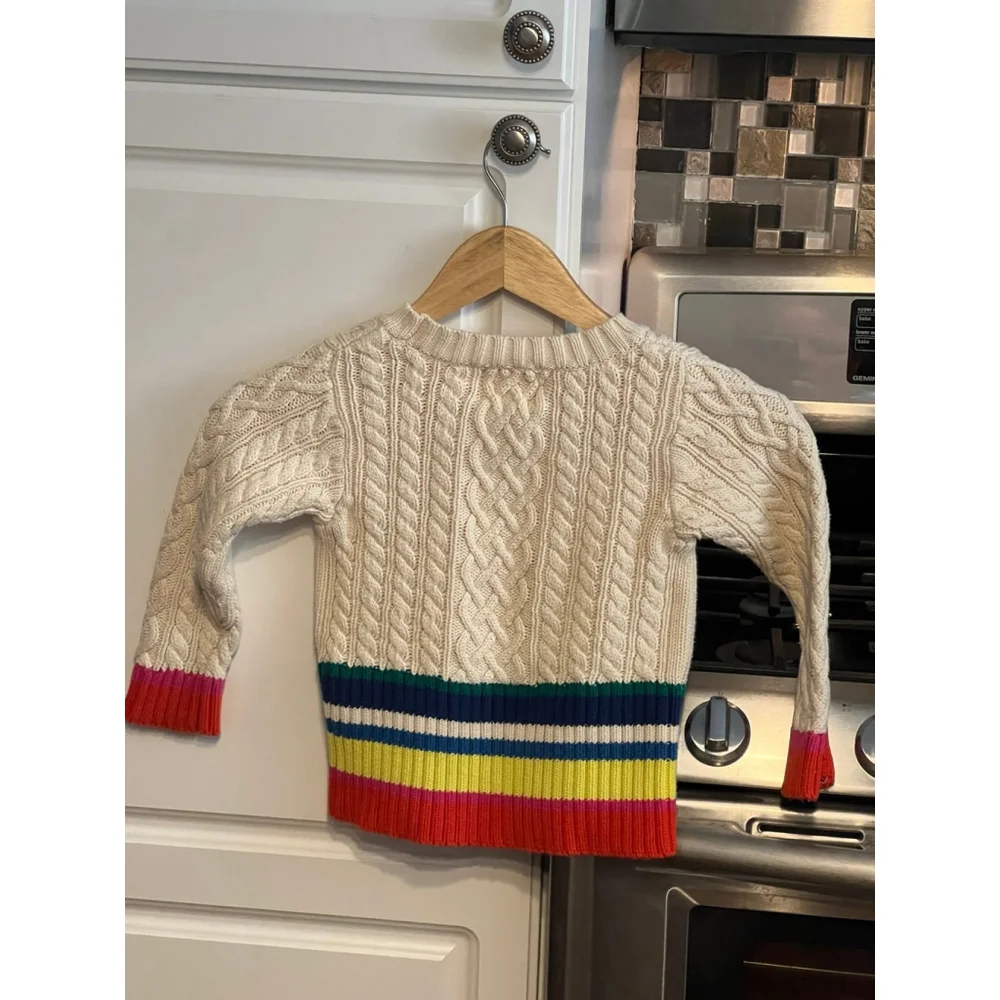 Peek Girls 100% Cotton Cable Knit Crew Sweater Rainbow Stripe Fisherman